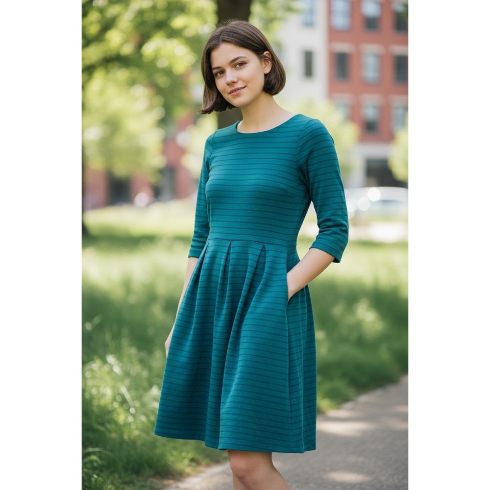 Banana Republic Teal‎ Green Striped Fit Flare Dress 3/4 Sleeve Pockets Petite